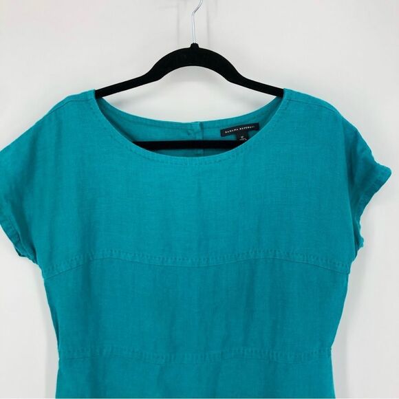 Banana Republic Dress Womens 12 Turquoise Blue 100% Linen Cap Sleeve Tier Stitch - Picture 3 of 14